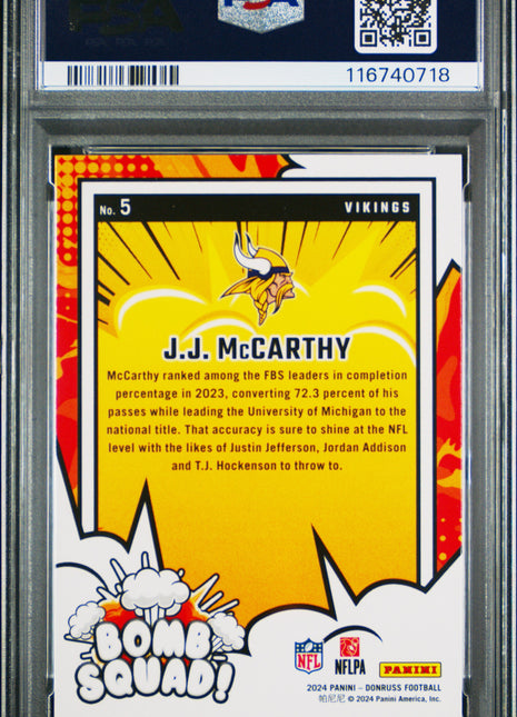 JJ McCarthy 2024 Panini Donruss #5 Bomb Squad Rookie RC PSA10 GEM MT