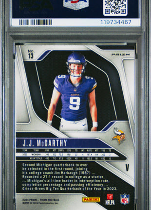 JJ McCarthy 2024 Panini Prizm #13 Rookie Variation No Huddle RC PSA9 MINT