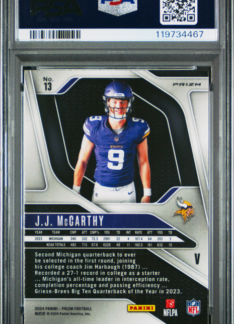 JJ McCarthy 2024 Panini Prizm #13 Rookie Variation No Huddle RC PSA9 MINT
