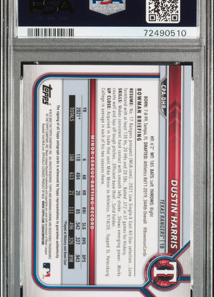 Dustin Harris 2022 Bowman Chrome Gold Shimmer Refractor /50 Auto PSA10 GEM MT