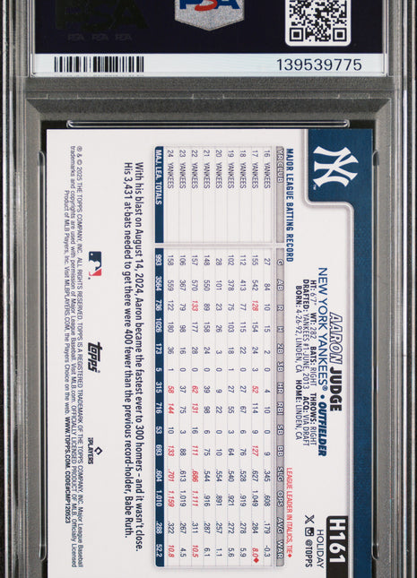 Aaron Judge 2025 Topps Holiday #H161 SP Holiday Lights PSA10 GEM MT Yankees