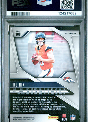 Bo Nix 2024 Panini Prizm #309 Red White Blue RC PSA10 GEM MT Broncos