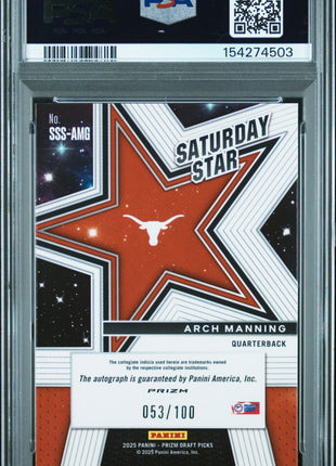 Arch Manning 2025 Panini Prizm DP Saturday Star Sigs Red /100 Auto PSA10 GEM MT