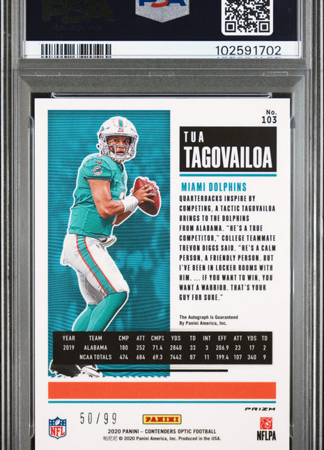 Tua Tagovailoa 2020 Panini Contenders Optic #103 Teal /99 RC Auto PSA10 GEM MT