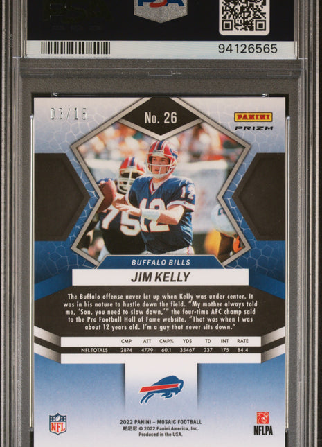 Jim Kelly 2022 Panini Mosaic #26 Tessellation /15 SSP PSA10 GEM MT Buffalo Bills