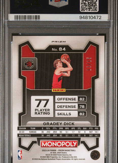 Gradey Dick 2023 Panini Prizm Monopoly #84 Boardwalk Blue /15 RC PSA10 GEM MT