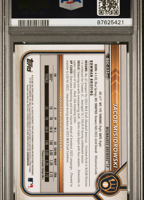 Jacob Misiorowski 2022 Bowman Draft Chrome Sapphire #BDC132 RC PSA10 GEM MT