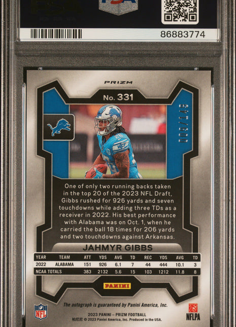 Jahmyr Gibbs 2023 Panini Prizm #331 Red Wave /149 RC Auto PSA10 GEM MT Lions