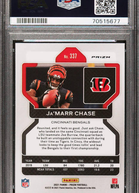 Ja’Marr Chase 2021 Panini Prizm #337 Green Prizm Rookie RC PSA10 GEM MT Bengals