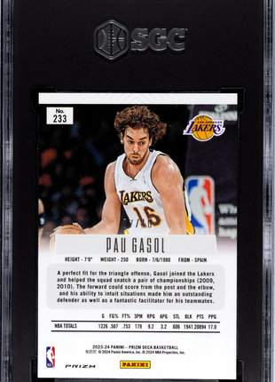 Pau Gasol 2023-24 Panini Prizm Deca #233 Gold Prizm /10 SGC9.5 MINT+ Lakers