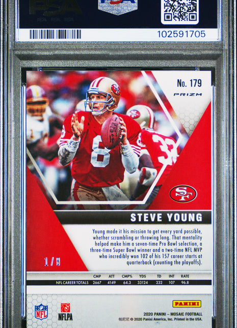 Steve Young 2020 Panini Mosaic #179 Black Gold Choice /8 PSA10 GEM MT 49ers