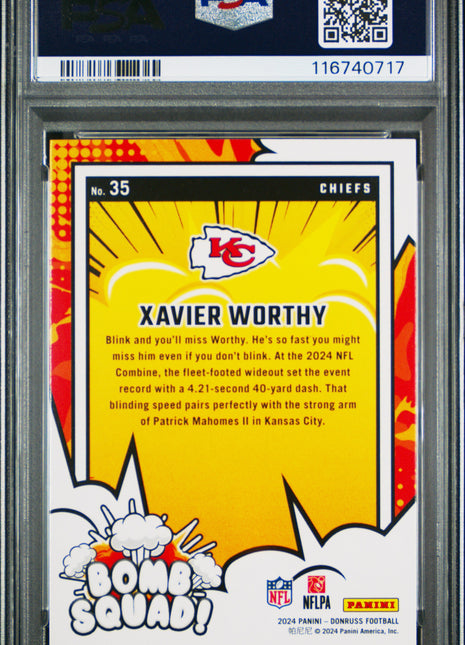 Xavier Worthy 2024 Panini Donruss #35 Bomb Squad RC PSA10 GEM MT Chiefs