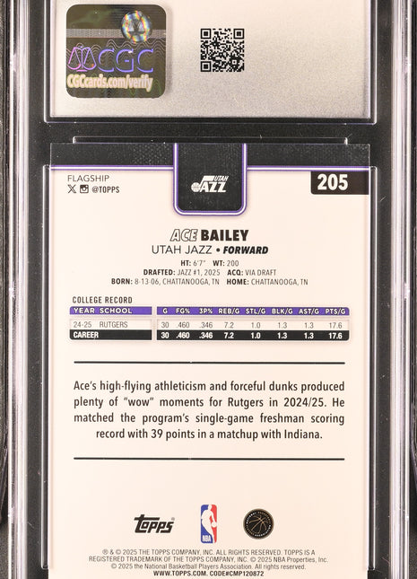 Ace Bailey 2025-26 Topps #205 Holo Foil Rookie RC CGC10 GEM MT Jazz