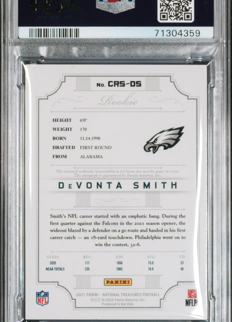 Devonta Smith 2021 National Treasures Rookie Laundry Tag /5 RC Auto PSA8 NM-MT