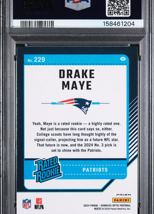 Drake Maye 2024 Panini Donruss Optic #229 Blue Hyper RC PSA10 GEM MT