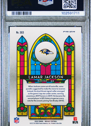 Lamar Jackson 2020 Panini Mosaic #SG3 Stained Glass Case Hit SSP PSA8 NM-MT