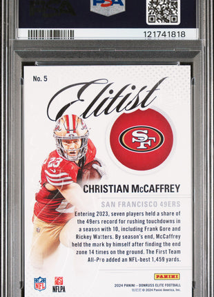 Christian McCaffrey 2024 Panini Donruss Elite #5 Elitist Blue /10 PSA10 GEM MT