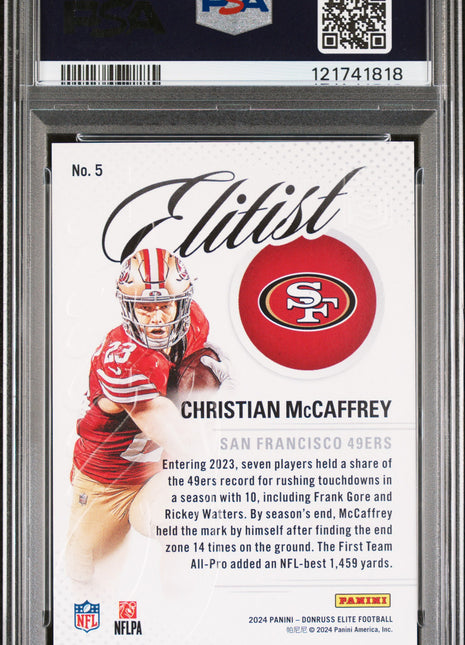 Christian McCaffrey 2024 Panini Donruss Elite #5 Elitist Blue /10 PSA10 GEM MT
