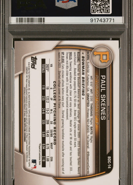 Paul Skenes 2023 Bowman Draft #BDC14 Chrome Refractor RC PSA9 MINT Pirates