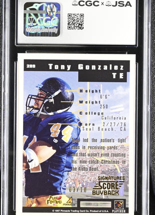Tony Gonzalez 2019 Score #289 Buyback Autograph RC /10 Auto CGC/JSA Authentic