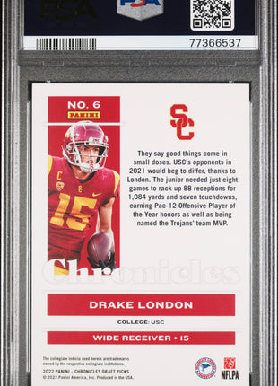 Drake London 2022 Panini Chronicles DP #6 Green Cracked Ice /6 RC PSA10 GEM MT