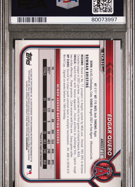 Edgar Quero 2022 Bowman Sapphire Edition #BCP123 Prospects PSA10 GEM MT Angels