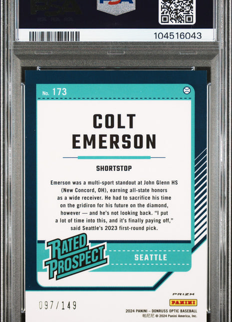 Colt Emerson 2024 Panini Donruss #173 Optic Lime Green /149 RC PSA10 GEM MT