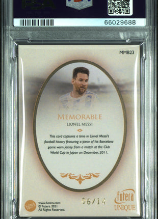 Lionel Messi 2021 Futera Unique Memorable Relics 24kt Gold /14 PSA10 GEM MT