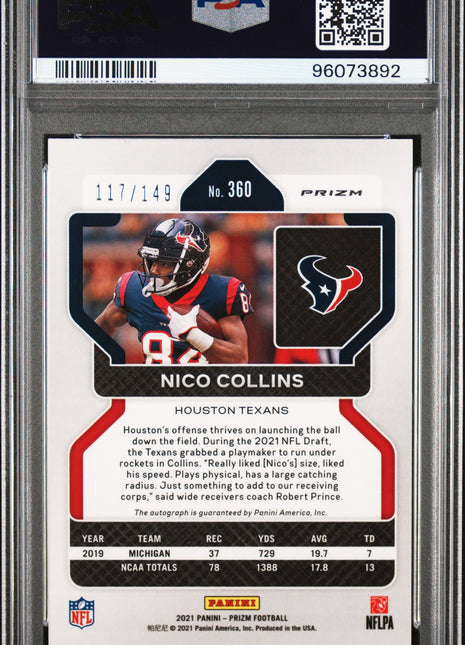 Nico Collins 2021 Panini Prizm #360 Autograph Red Wave /149 RC Auto PSA10 GEM MT
