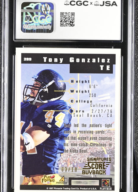 Tony Gonzalez 2019 Score #289 Buyback Autograph RC /10 Auto CGC/JSA Authentic
