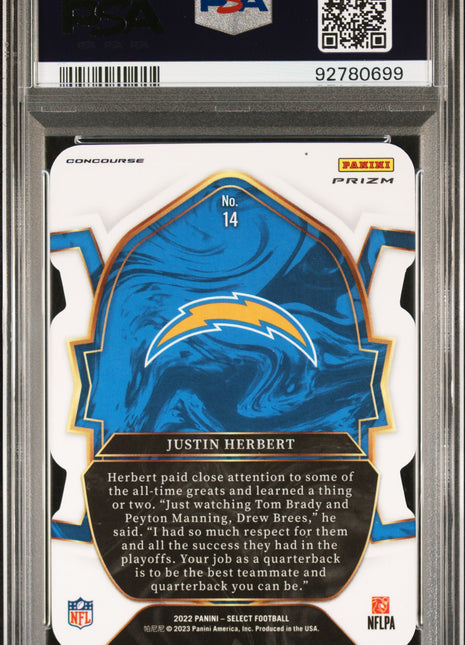 Justin Herbert 2022 Panini Select #14 Die-Cut Black Green Prizm PSA10 GEM MT