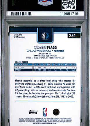 Cooper Flagg 2025-26 Topps Chrome #251 Rookie RC PSA10 GEM MT Mavericks
