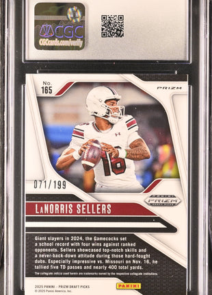 LaNorris Sellers 2025 Panini Prizm DP #165 Purple Ice /199 RC CGC10 GEM MT