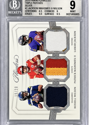 Patrick Mahomes II/Lamar Jackson/Wilson 2020 Flawless Triple Patch /20 BGS9 MT