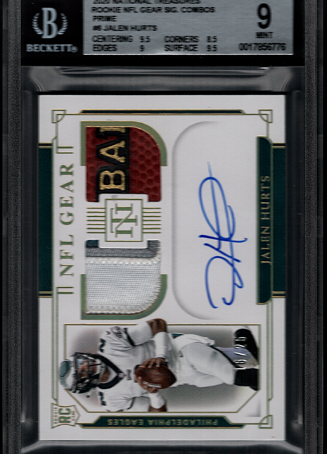 Jalen Hurts 2020 Panini National Treasures NFL Gear Combo /25 RC Auto BGS9/10 MT