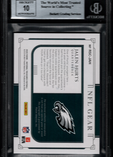 Jalen Hurts 2020 Panini National Treasures NFL Gear Combo /25 RC Auto BGS9/10 MT