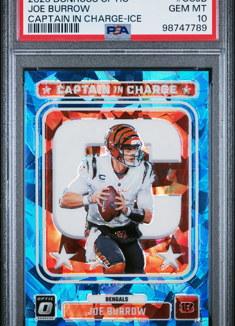 Joe Burrow 2023 Panini Donruss Optic Captain In Charge Blue Ice /15 PSA10 GEM MT