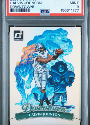 Calvin Johnson 2025 Panini Donruss #4 Downtown Case Hit SSP PSA9 MINT Lions