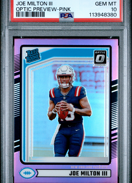 Joe Milton III 2024 Panini Donruss #319 Optic Preview Pink RC PSA10 GEM MT