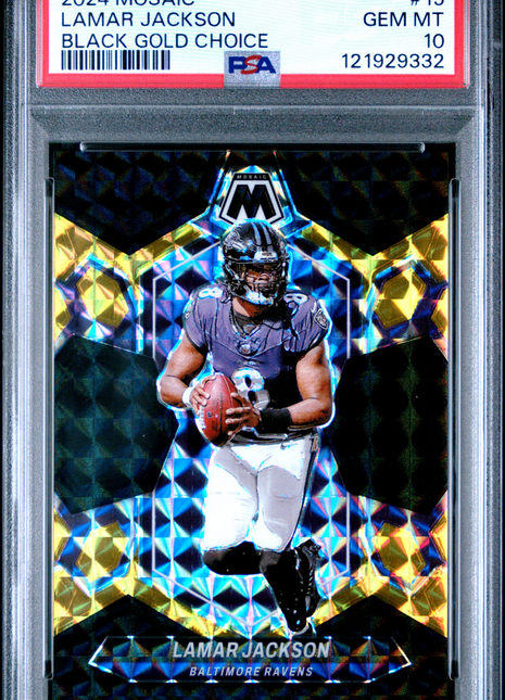 Lamar Jackson 2024 Panini Mosaic #15 Black Gold Choice /8 SSP PSA10 GEM MT Pop 1