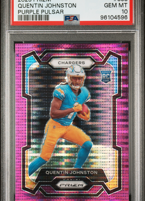 Quentin Johnston 2023 Panini Prizm #353 Purple Pulsar RC PSA10 GEM MT Rams