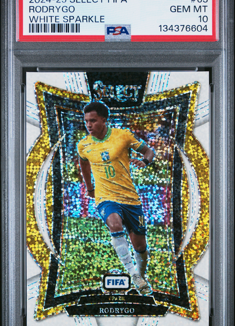 Rodrygo 2024-25 Panini Select FIFA #63 White Sparkle SSP PSA10 GEM MT Brazil