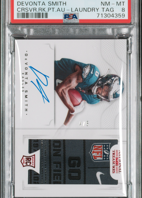 Devonta Smith 2021 National Treasures Rookie Laundry Tag /5 RC Auto PSA8 NM-MT