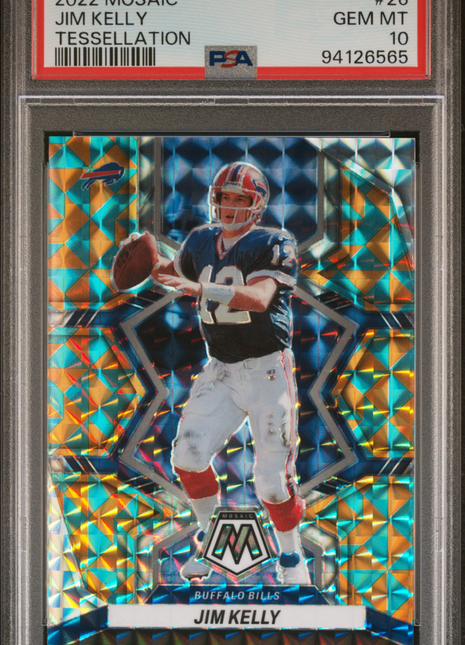Jim Kelly 2022 Panini Mosaic #26 Tessellation /15 SSP PSA10 GEM MT Buffalo Bills