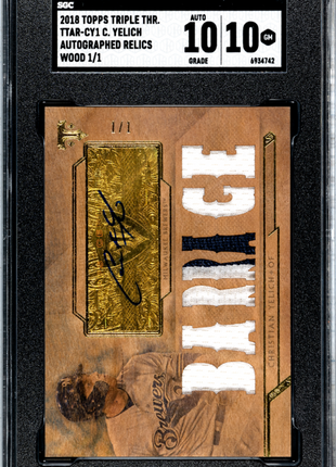 Christian Yelich 2018 Topps Triple Threads Wood 1/1 Patch Auto SGC10/10 GEM MT