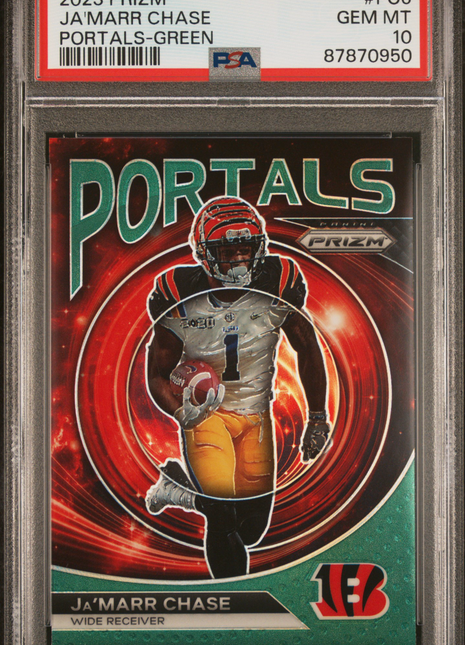 Ja'marr Chase 2023 Panini Prizm Portals #PO6 Green Prizm PSA10 GEM MT Bengals