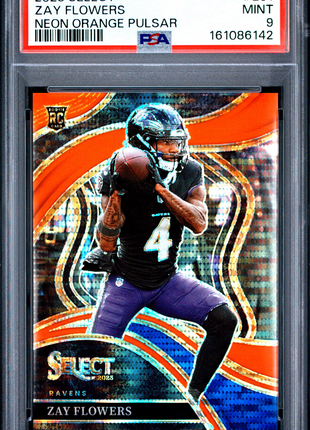 Zay Flowers 2023 Panini Select #201 Neon Orange Pulsar /7 RC PSA9 MINT Ravens