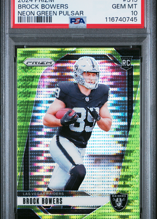 Brock Bowers 2024 Panini Prizm #315 Neon Green Pulsar RC PSA10 GEM MT Raiders