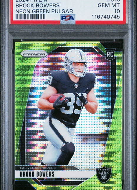 Brock Bowers 2024 Panini Prizm #315 Neon Green Pulsar RC PSA10 GEM MT Raiders