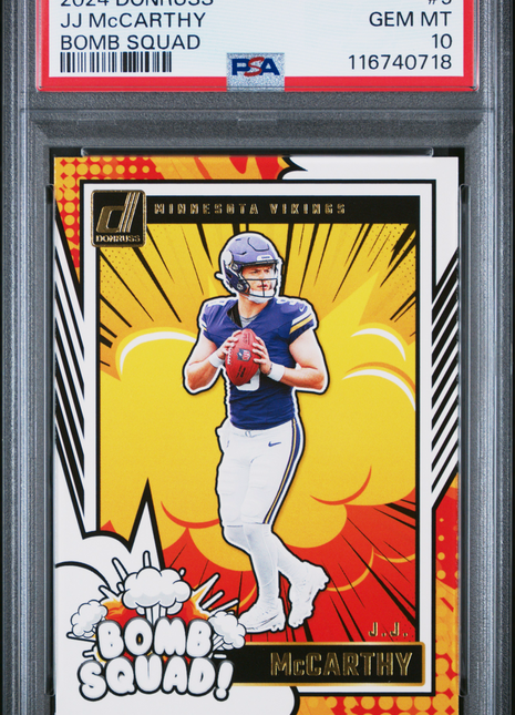 JJ McCarthy 2024 Panini Donruss #5 Bomb Squad Rookie RC PSA10 GEM MT